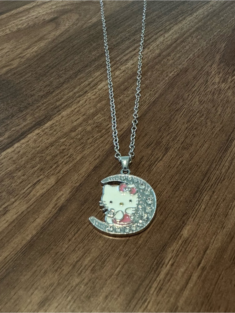 Hello Kitty Silver and Pink Crescent Moon Pendant Necklace
